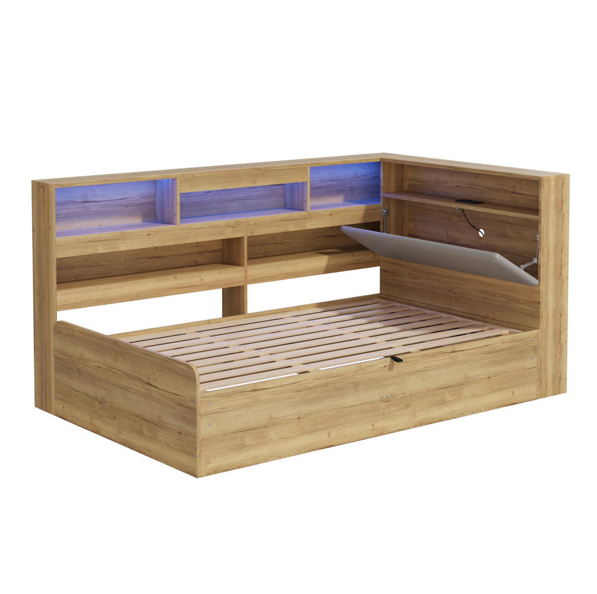 KINDERBETT 90/200 cm aus MDF und PU mit LED-Beleuchtung und USB-Ladestation Naturfarben - Naturfarben, Holzwerkstoff (90/200cm) - Modenvie