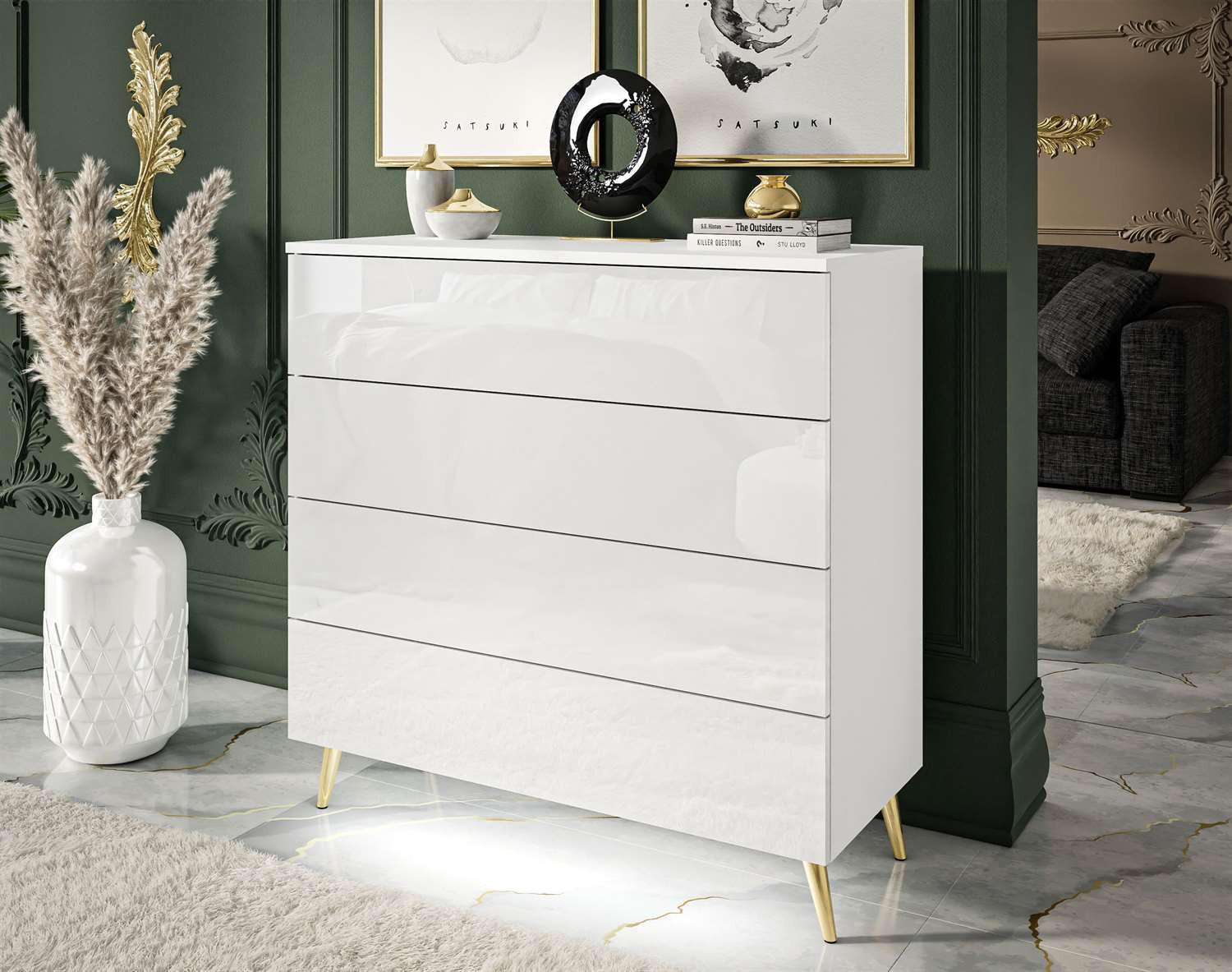 KOMMODE AURA PUSH OPEN mit Schubladen Beinfarbe – Gold - Goldfarben/Weiß, Holzwerkstoff (95/90/40cm) - Lookway