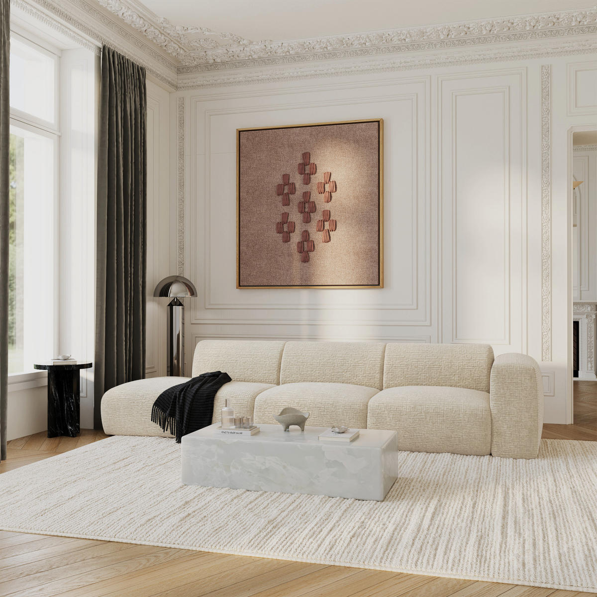 SOFA 5-Sitzer Gemusterter Samt Creme 310cm - Creme, Textil (310/73/96cm) - Sia Home