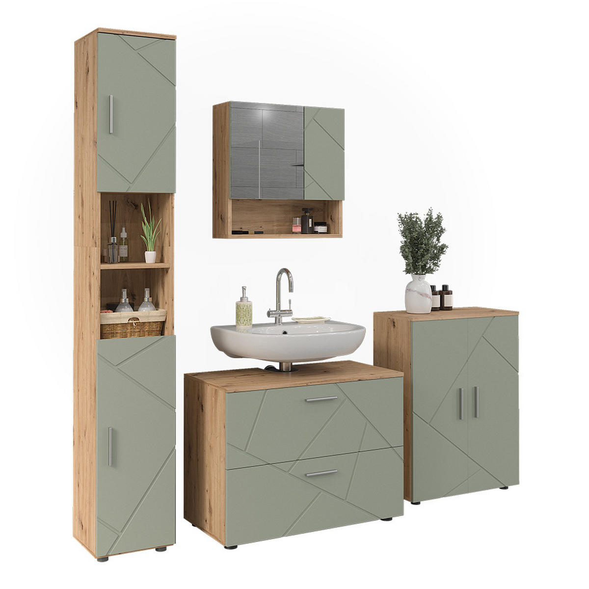 BADMÖBEL-SET Irma Salbeigrün 4 Teile - Salbeigrün, Holzwerkstoff (80/58.6/41cm) - Vicco