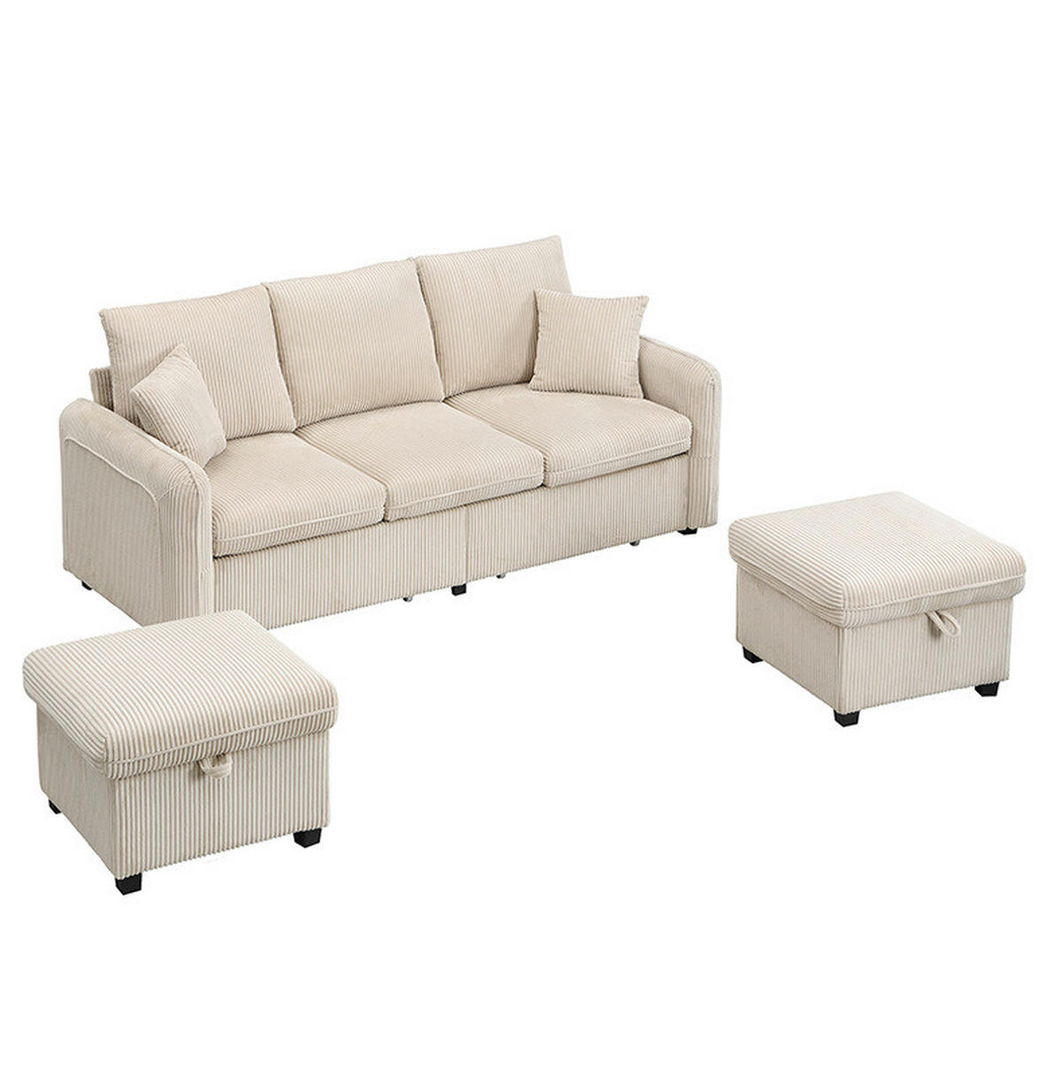 SCHLAFSOFA aus Cord-Stoff mit 2 Hockern 52x52 cm Beige mit Stauraum, Schlaffunktion und modularer Nutzung - Beige, Kunststoff (186/86/188cm) - Modfu