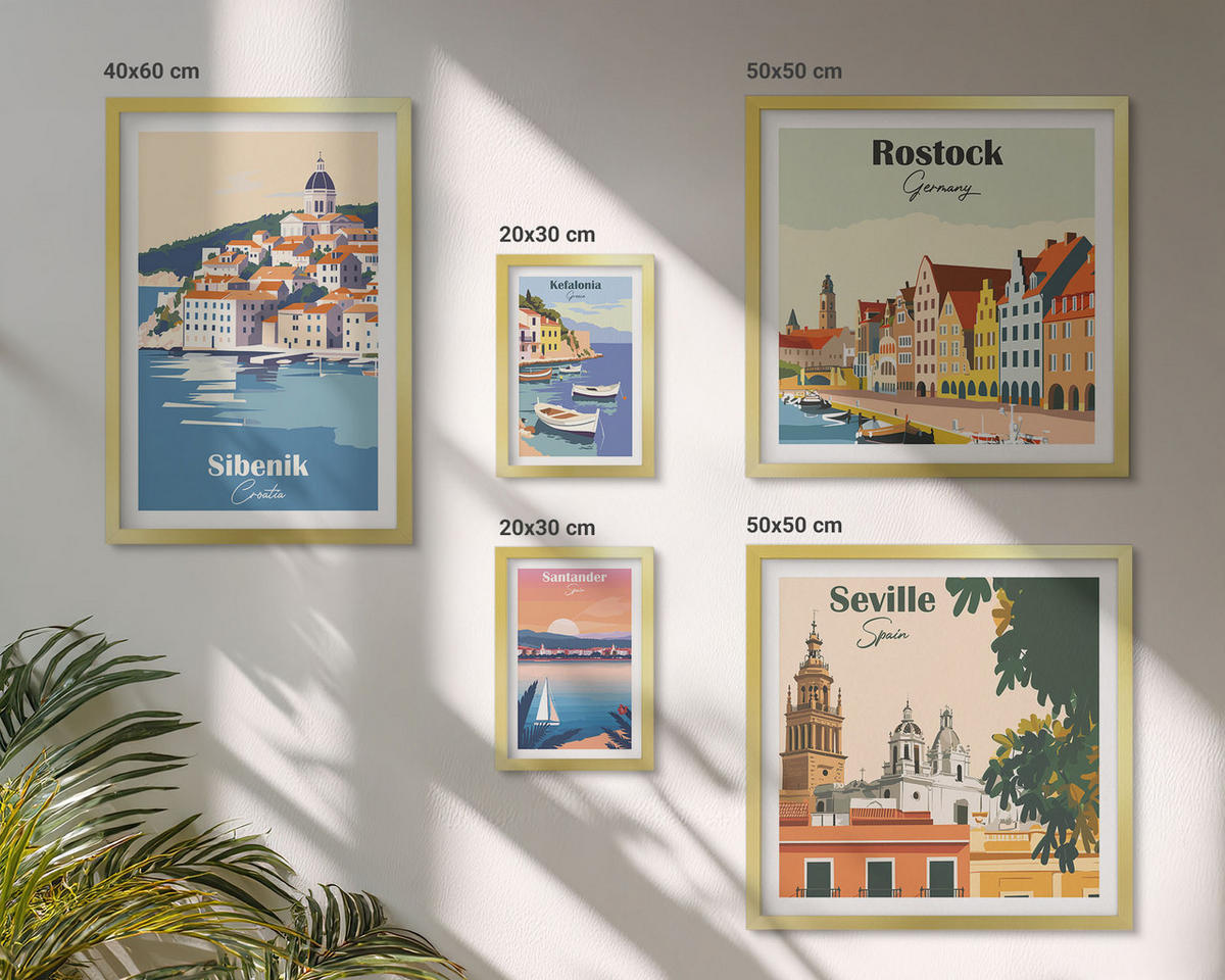 WANDBILDER 5er Set - 50x50 cm & 20x30 cm & 40x60 cm Goldrahmen - Berglandschaften und Städte - Goldfarben, Kunststoff (40/60cm) - ArtPrintCave