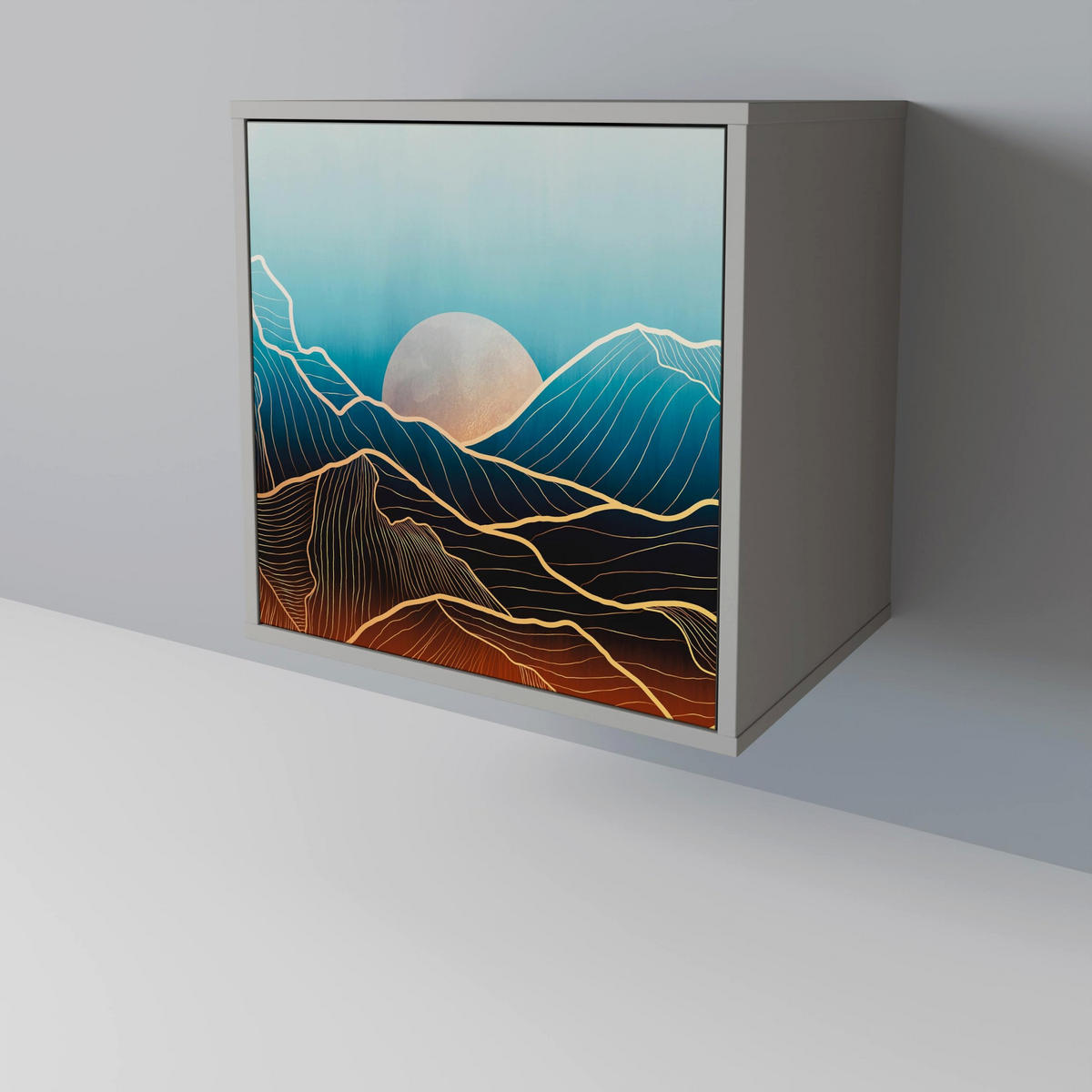 SIDEBOARD LUNAR SECRETS, Grau, 57,5x42x75,5 cm, Goldfarbene Metallfüße - Goldfarben/Multicolor, Holzwerkstoff/Metall (57.5/75.5/42cm) - SpaceRebels