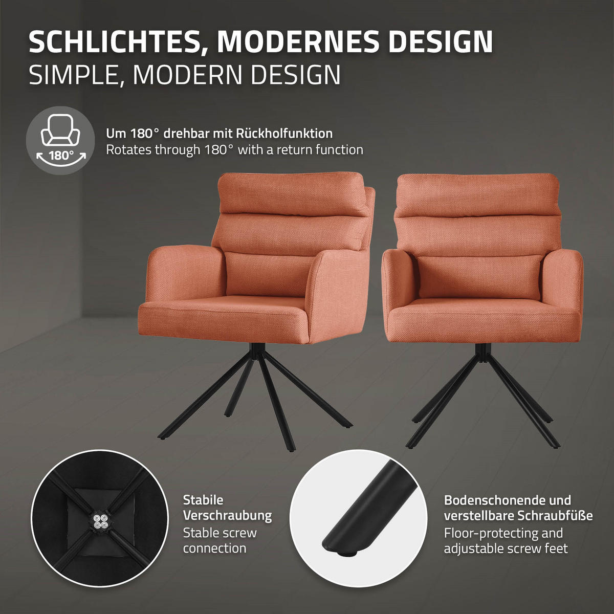 ESSZIMMERSTUHL drehbar Orange Stoffbezug - Schwarz/Orange, Textil/Metall (64.5/93/64cm) - ML-DESIGN