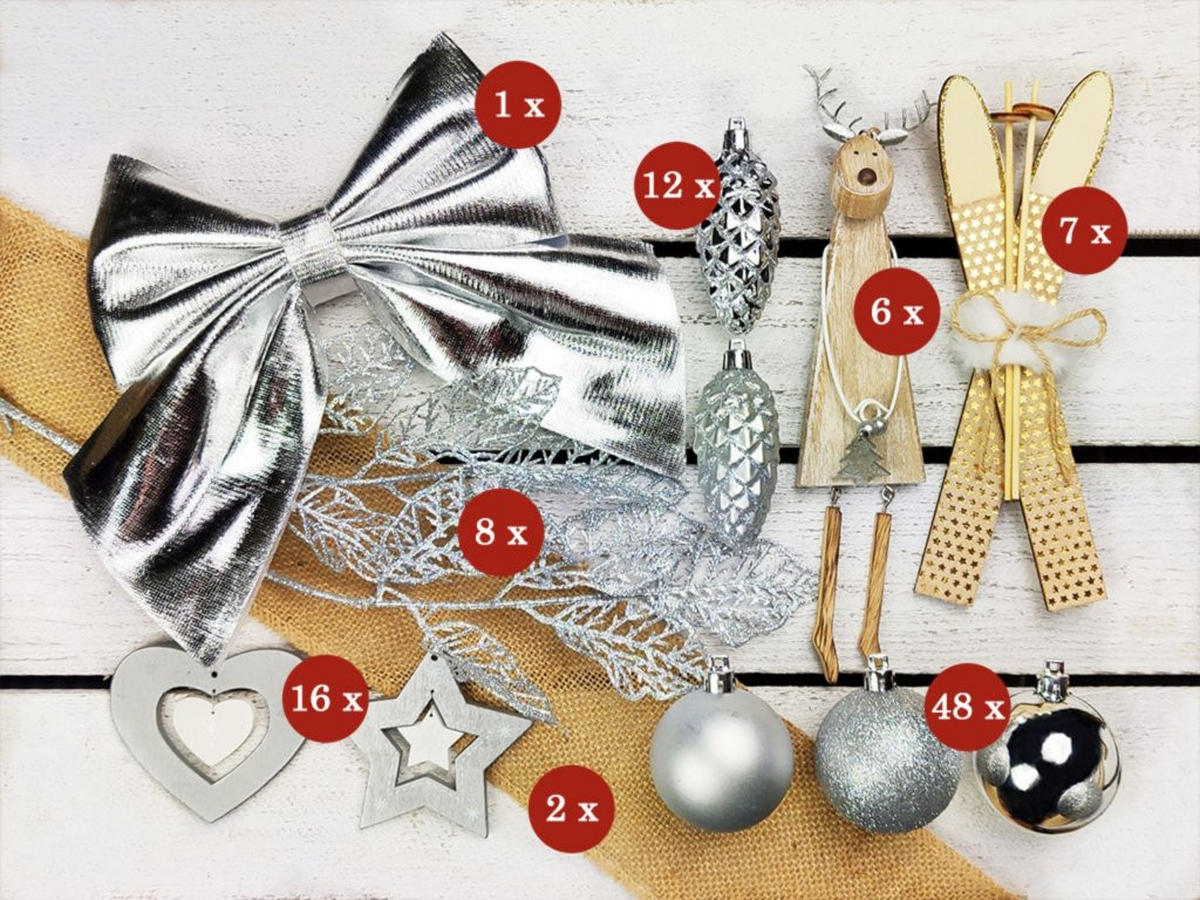 WEIHNACHTSBAUM künstlicher 150 cm, NORDGLANZ, mit 100-teiligem Weihnachtsbaumschmuck, inkl. Metallständer und Aufbewahrungsbox - Silberfarben/Weiß, Kunststoff/Metall (104/150cm) - LAALU