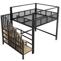 HOCHBETT Schwarz 140×200cm mit Baldachin, Stauraumtreppe und freier Arbeitsfläche unter dem Bett - Schwarz, Metall (140/200cm) - Luhomfu