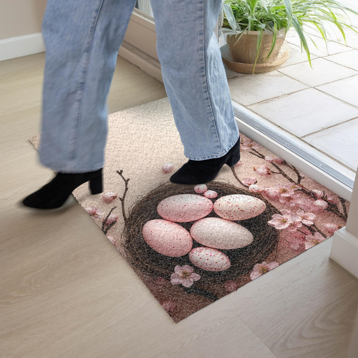 FUSSMATTE Rosa - Blüten - Eier 90x60 cm - Hellrosa, Kunststoff (60/90cm) - MuchoWow