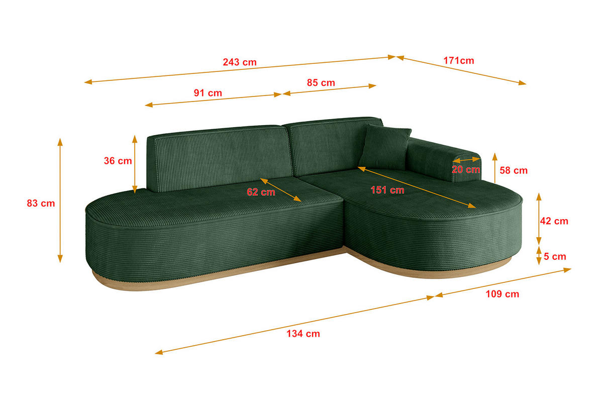 ECKSOFA Ottomane Rechts MARI-L1-v2 - 243x171x83 cm Grün Cord - Grün, Holzwerkstoff/Textil (171/243cm) - ALTDECOR