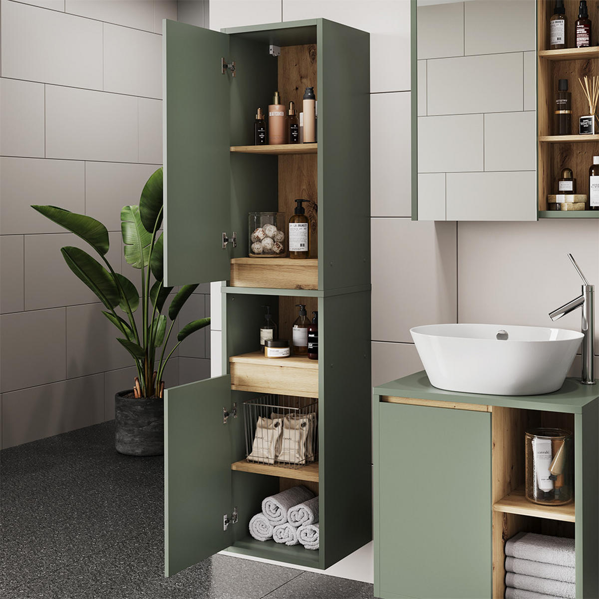 HOCHSCHRANK Viola Grün/Artisan 38 x 170 cm mit 2 Türen - Eiche Artisan/Grün, Holzwerkstoff (38/170/33cm) - Vicco