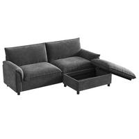 SOFA mit Hocker und Stauraum B 216 x T 77 x H 82 cm Chenille Black - Schwarz, Holzwerkstoff (77/216cm) - Meubliv