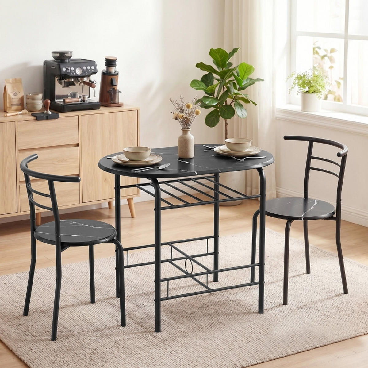 ESSGRUPPE DE-39304 80/52 cm Tisch mit 2 Stühlen Schwarz/Marmor - Schwarz, Holzwerkstoff (80/76/52cm) - ComfortXL