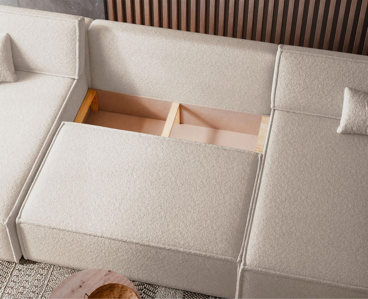 WOHNLANDSCHAFT Scarlo Creme Bouclé-Bezug - Creme/Schwarz, Kunststoff/Textil (312/83/145cm) - Selsey