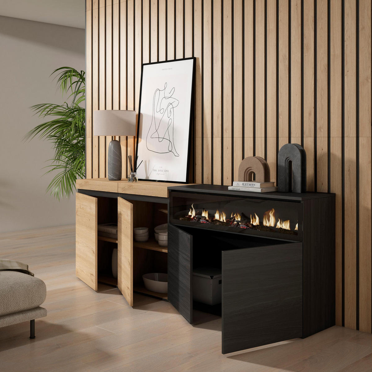 SIDEBOARD Elektrokamin, eiche, schwarz, 200/35/75cm - Multicolor, Holzwerkstoff (200/75/35cm) - Skraut Home