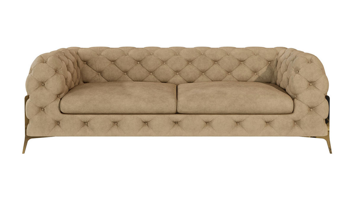 CHESTERFIELD-SOFA 3-Sitzer Lexi Beige Samt - Beige/Goldfarben, Holz/Textil (225/75/100cm) - S-Style Möbel