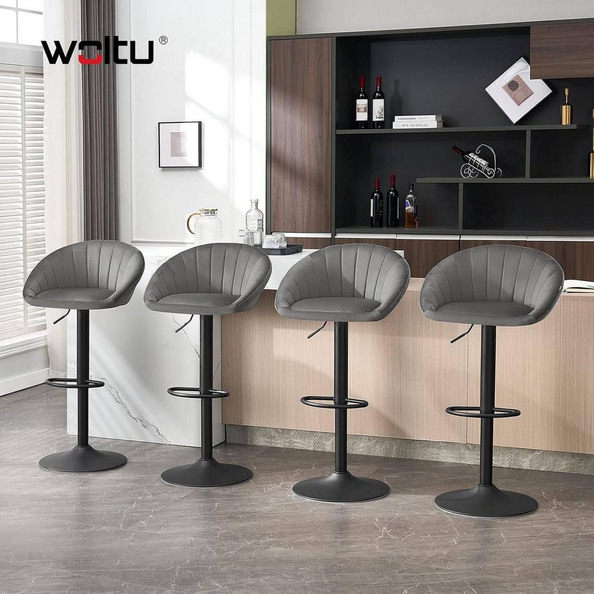 BARHOCKER 4er Set mit Rückenlehne, Samt, Dunkelgrau - Dunkelgrau/Schwarz, Textil/Metall (53/83/45cm) - Woltu