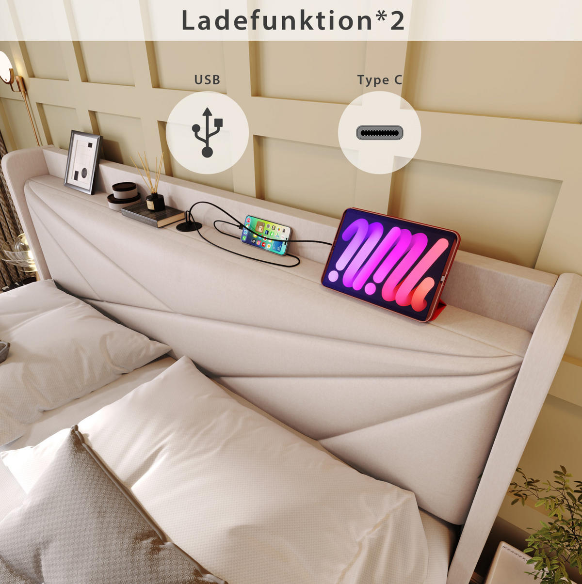 POLSTERBETT 140/200 cm Beige mit Stauraum und USB- und Type-C-Anschlüssen aus Baumwoll-Leinen - Beige, Textil (140/200cm) - OKWISH
