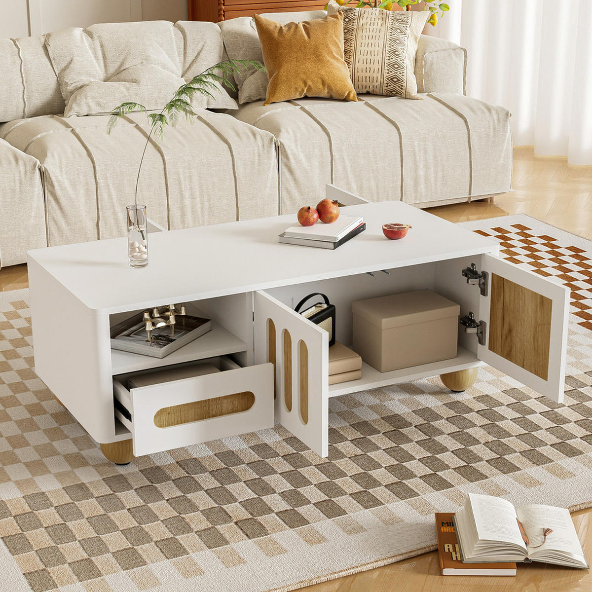 COUCHTISCH 105x50cm Weiß Holzoptik LED 4 Türen 2 Schubladen Vielseitig - Weiß, Holz (63/37.5/23cm) - FLIEKS