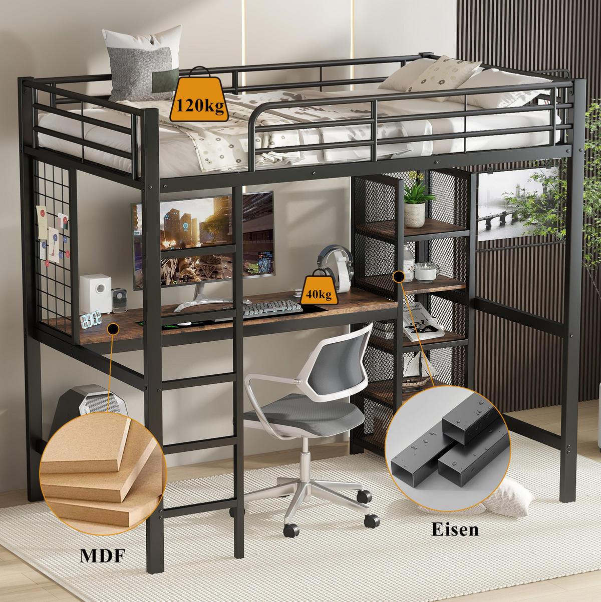 HOCHBETT aus Metall und MDF 90x200 cm Schwarz-Dunkle Holzfarbe mit Schreibtisch, 5-stufigem Regalschrank und Metallgitter - Schwarz, Holzwerkstoff (90/200cm) - Modfu