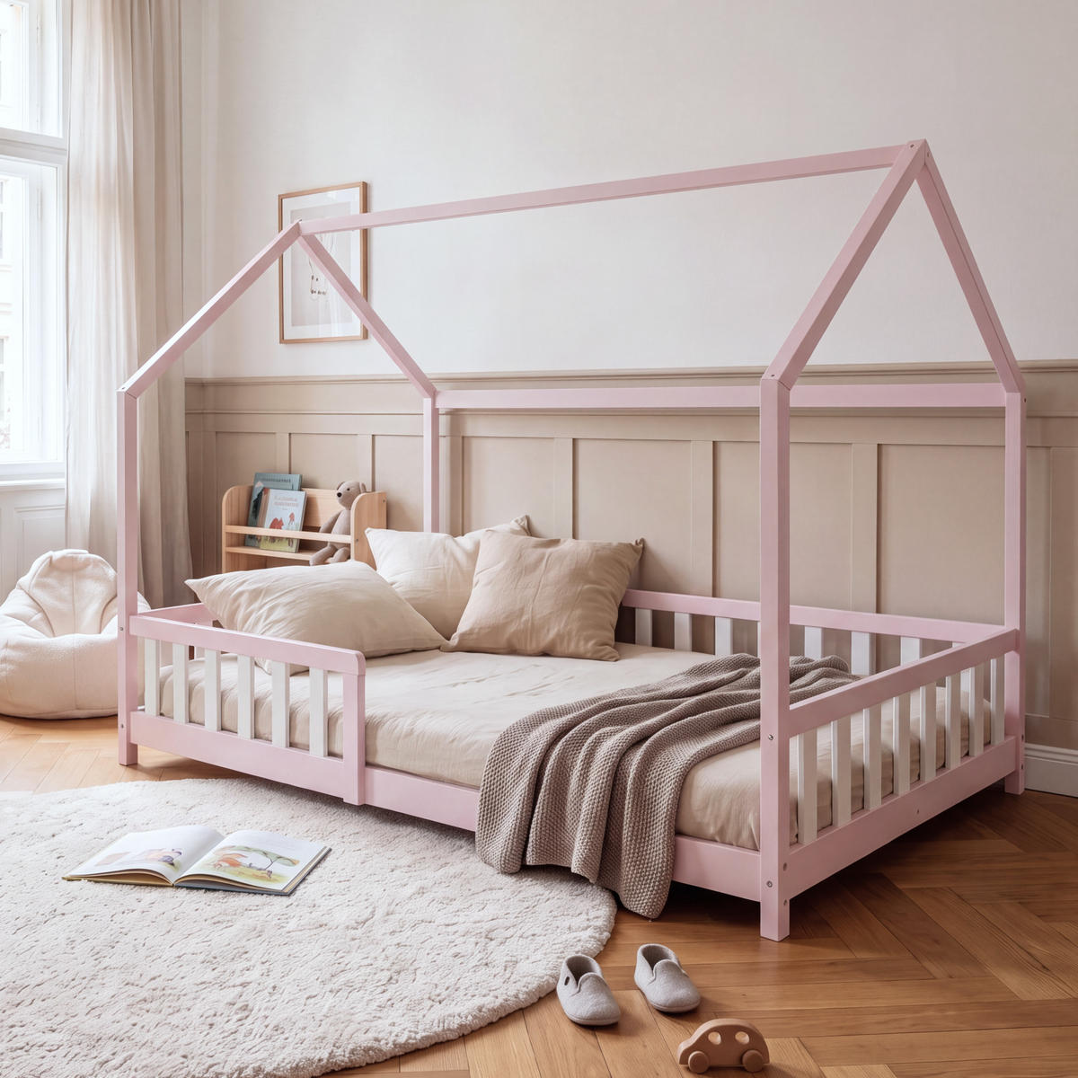 HAUSBETT Hesel - Rosa/Weiß, Holz (140/200cm) - [en.casa]
