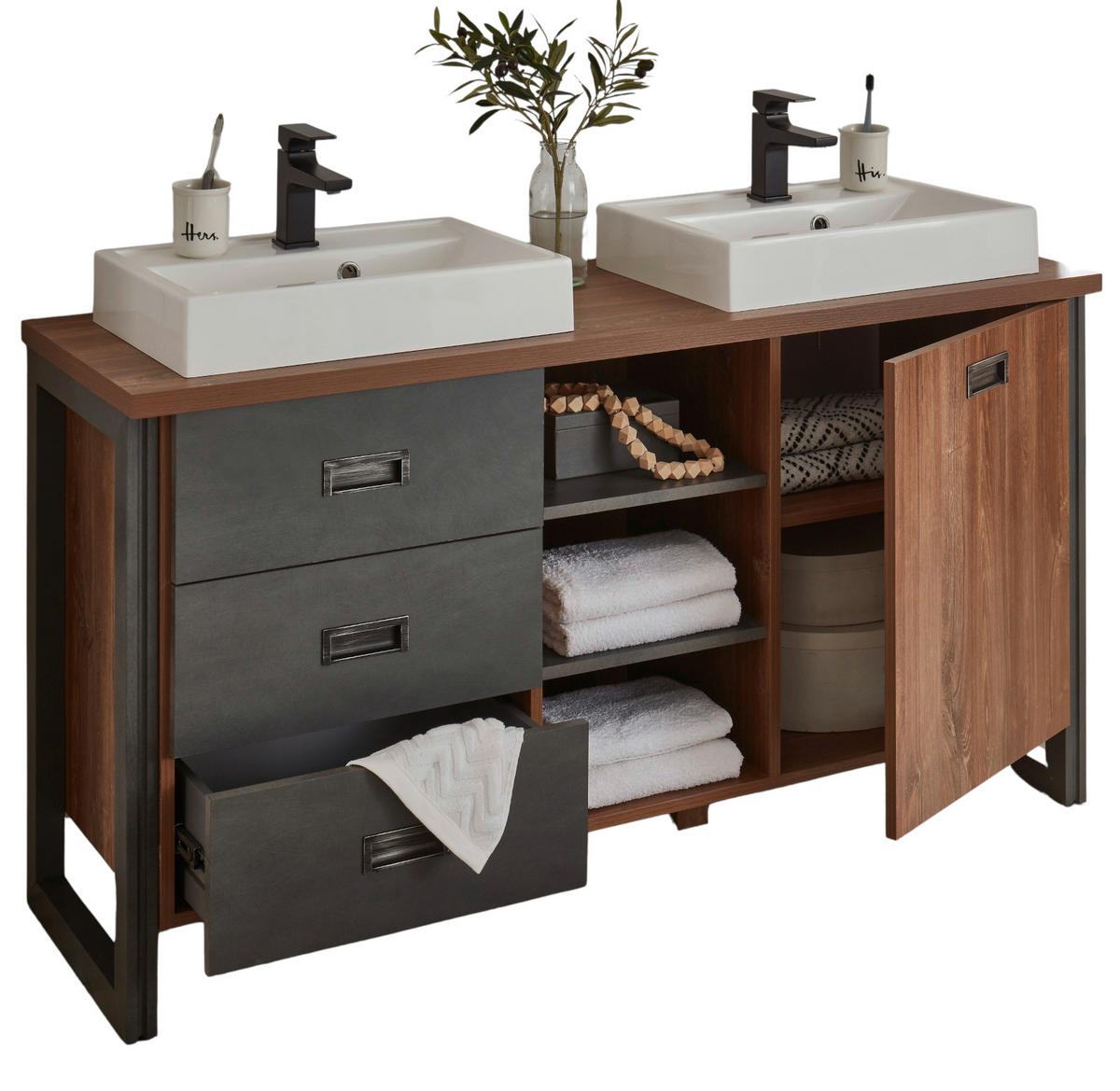 DOPPELWASCHTISCH Eiche Stirling, Matera grau inklusive 2 x Waschbecken 138 x 75 cm - Eichefarben/Grau, Holzwerkstoff/Metall (138/85/40cm) - Furn.Design