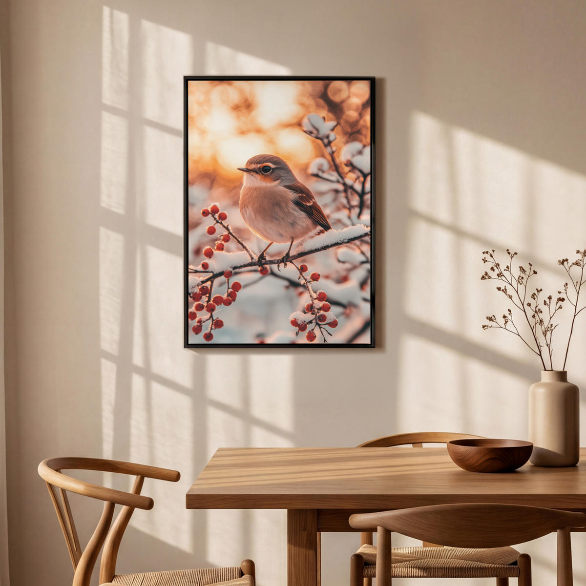 LEINWAND Bilder mit Rahmen - Vogel - Zweig - Winter - Tiere - Schnee - 60x90 - Bernsteinfarben, Textil (60/90cm) - MuchoWow