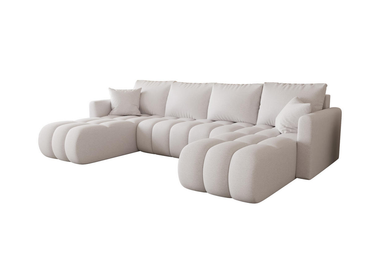 WOHNLANDSCHAFT GARDA U-Form weiß Strickstoff Aragon 1 - Schlaffunktion, Bettkasten - Weiß, Textil (305/88/150cm) - Cornero