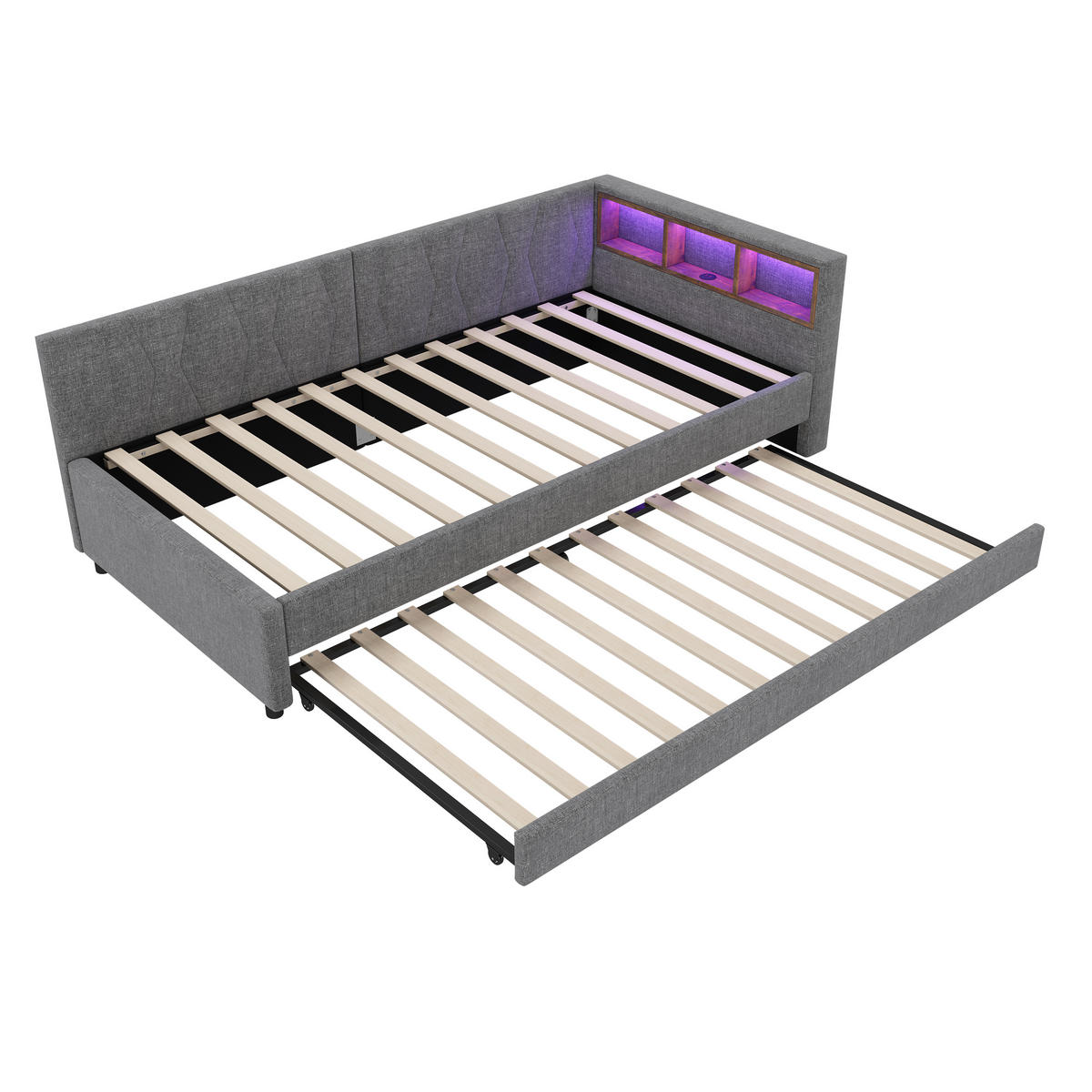 DAYBETT 90/200 cm Grau mit Ablagefach und LED-Beleuchtung aus Leinen - Grau, Textil (90/200cm) - OKWISH