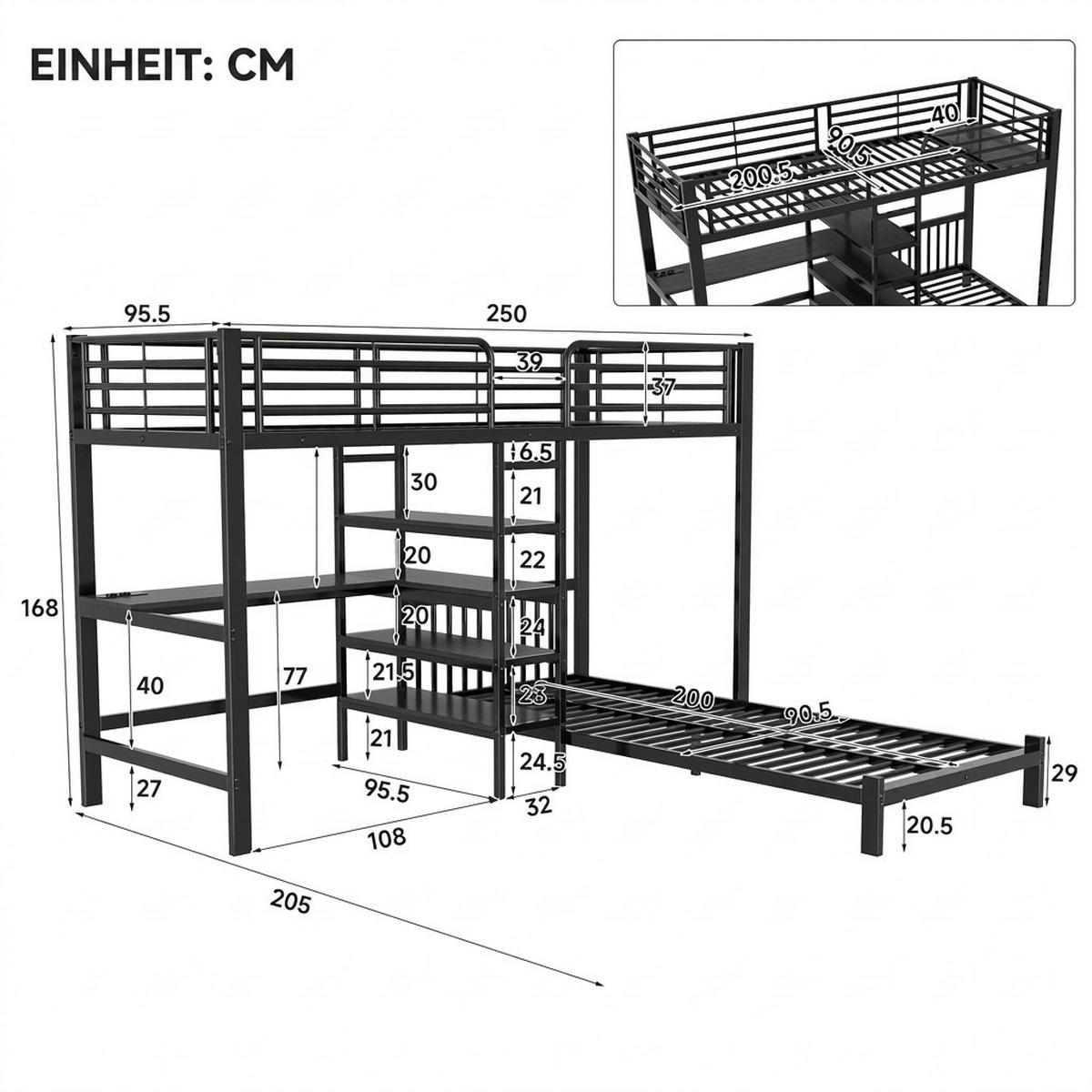 ETAGENBETT 90/200 cm Schwarz mit Schreibtisch, Kleideraufbewahrung, USB- und Type-C-Schnittstelle - Schwarz, Metall (90/200cm) - Oxeza