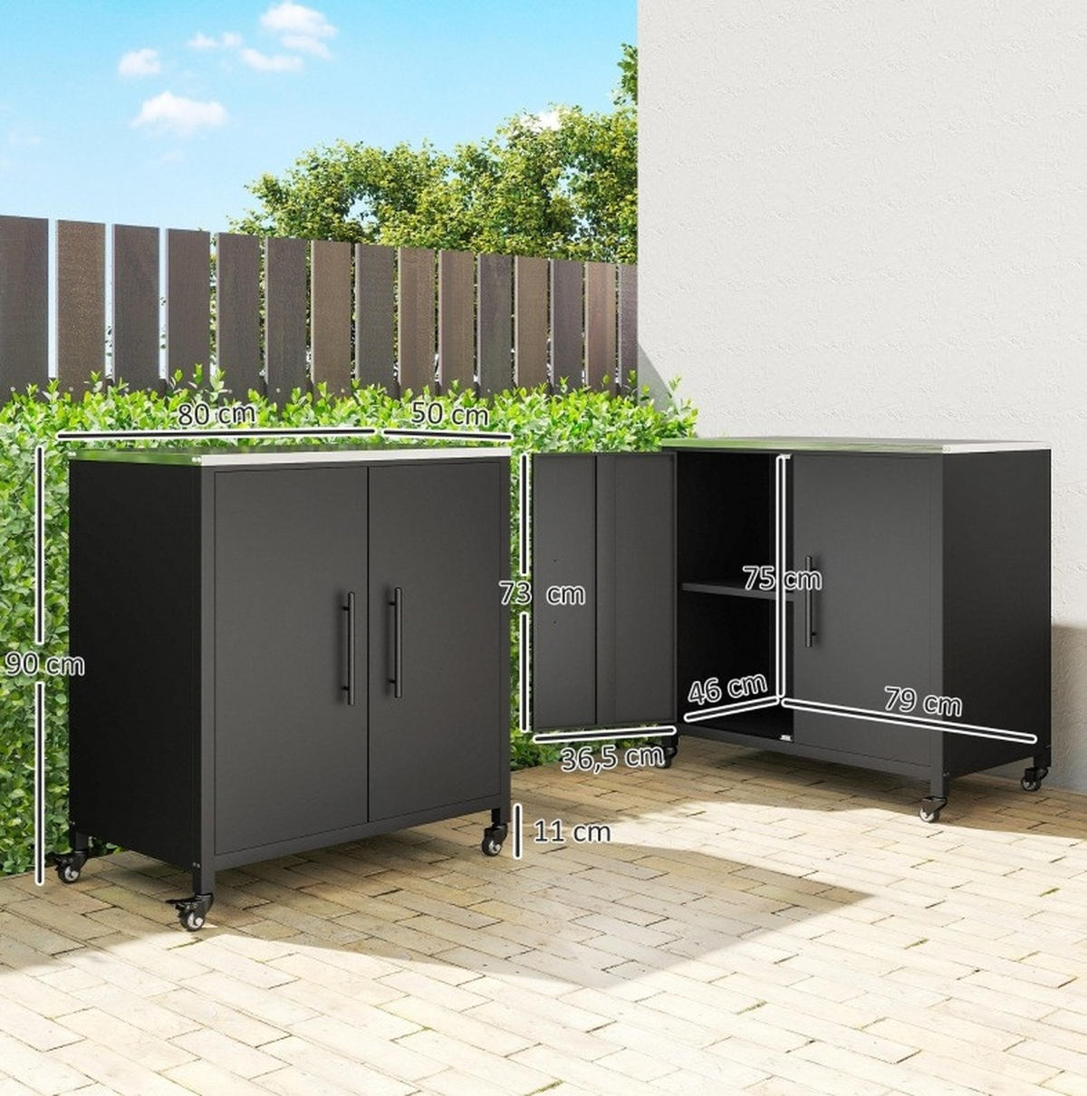 GARTENSCHRANK mit Pflanztisch, herausnehmbarem Einlegeboden, Edelstahl-Arbeitsplatte und Rollen, Schwarz - Schwarz, Metall (50/90/80cm) - Redom