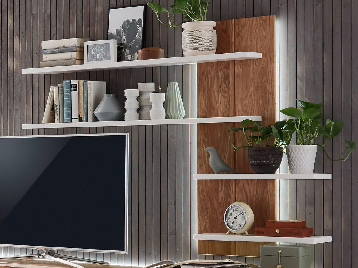 WOHNWAND weiß Olbia Wildeiche 327/45/189 cm - Weiß/Braun, Holz (327/189/45cm) - Casamia Massive Möbel