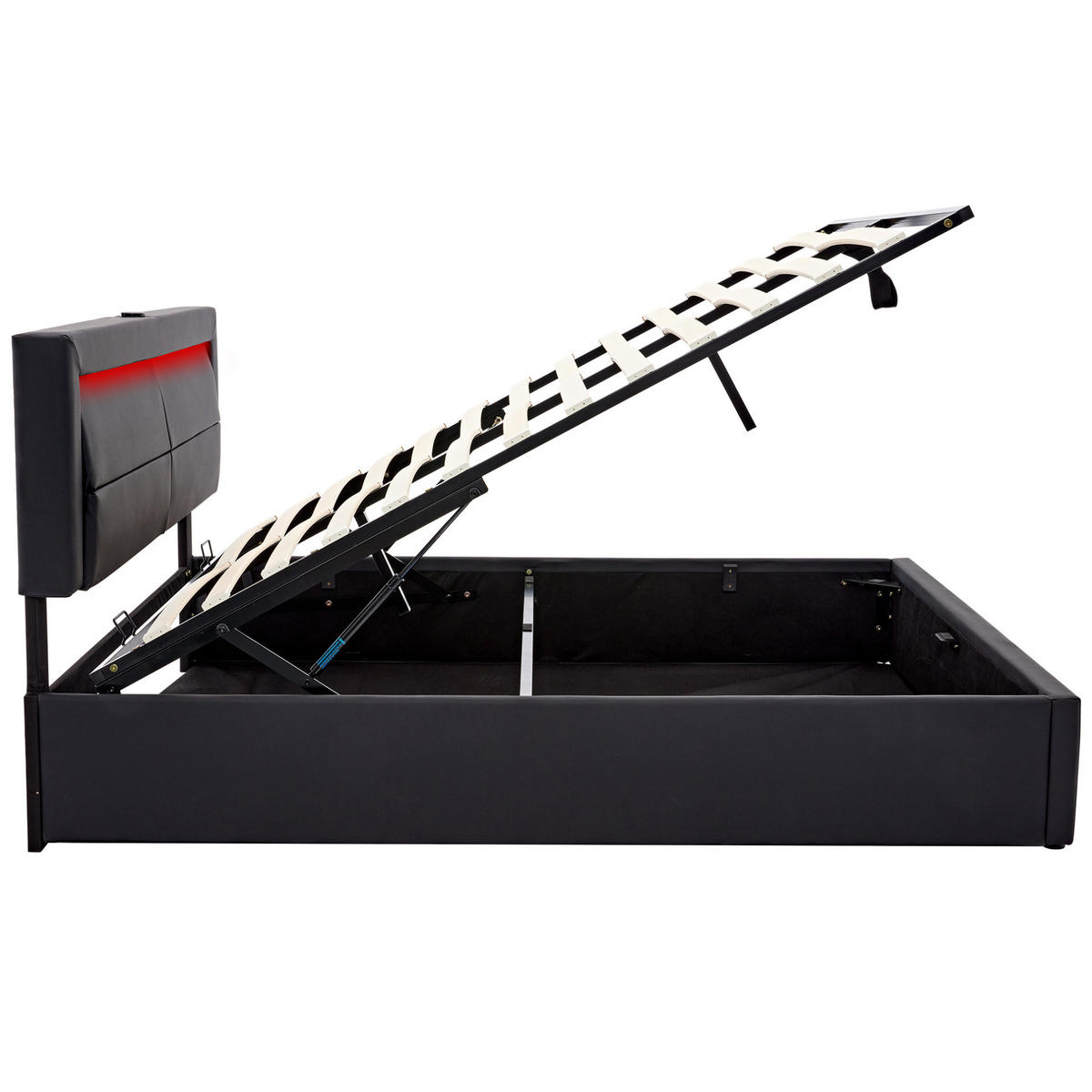 POLSTERBETT 140/190 cm mit USB-Ladefunktion, LED-Beleuchtung und Bettkasten aus PU, Schwarz - Schwarz, Leder (140/190cm) - Redom