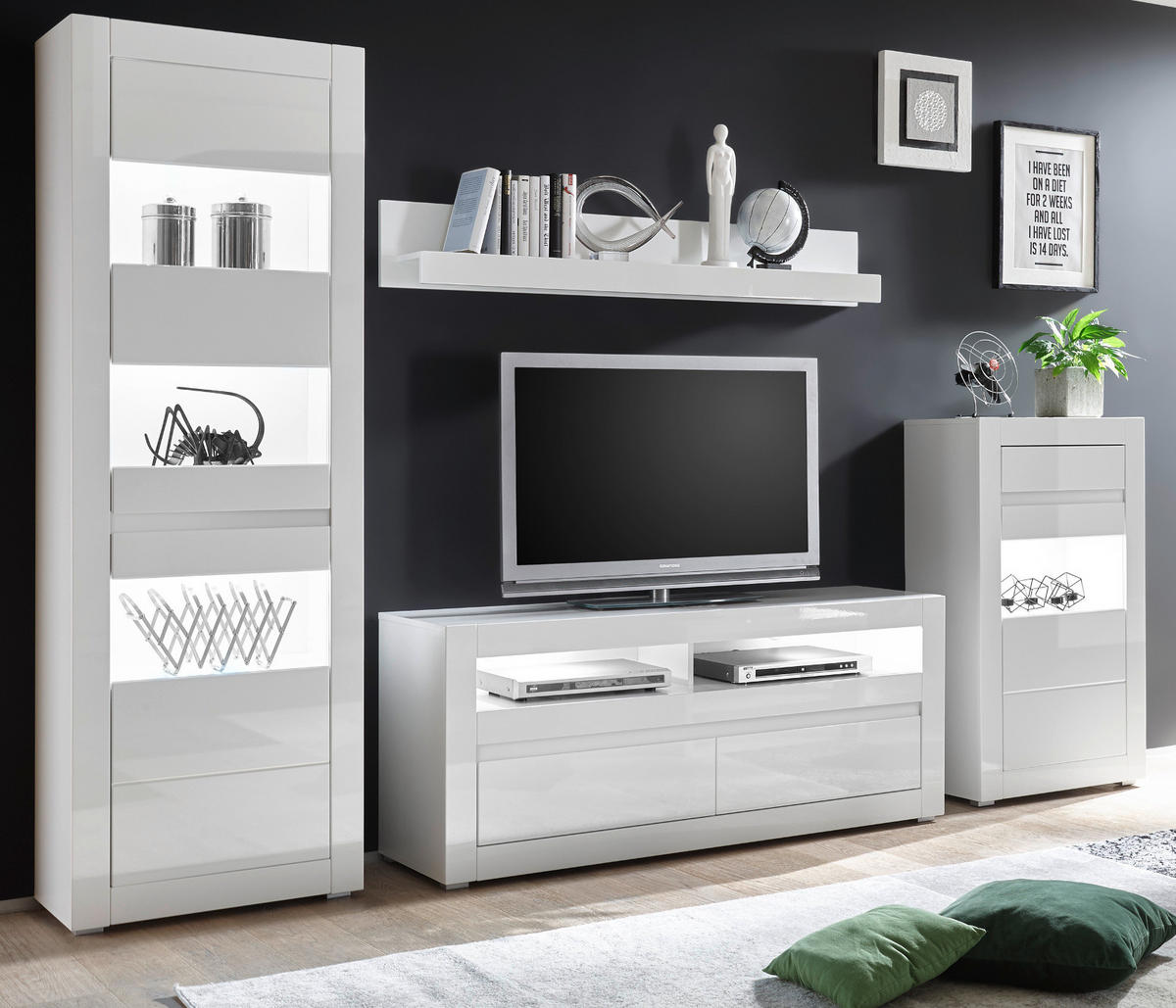 WOHNWAND 4-teilig Hochglanz weiß 302 cm, Anbauwand mit Soft-Close - Weiß Hochglanz/Weiß, Glas/Holzwerkstoff (302/198/42cm) - Furn.Design