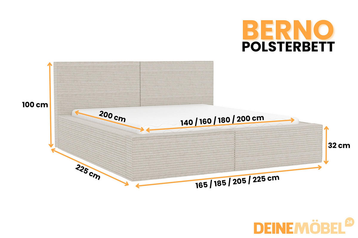 POLSTERBETT BERNO 200/200 in Cord Ecru - Ecru, Holz/Holzwerkstoff (200/200cm) - Deine Möbel 24