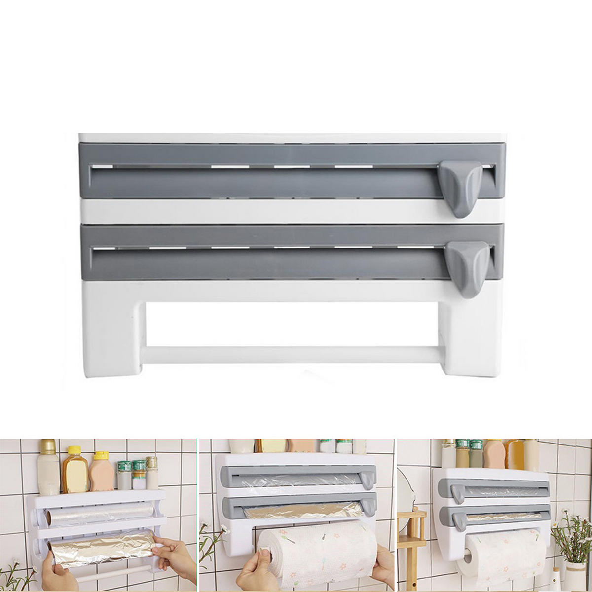 FRISCHHALTEFOLIENSPENDER grau mit Gewürzregal multifunktional 39/24/10 cm - Grau, Kunststoff (39/10/24cm) - Livingandhome