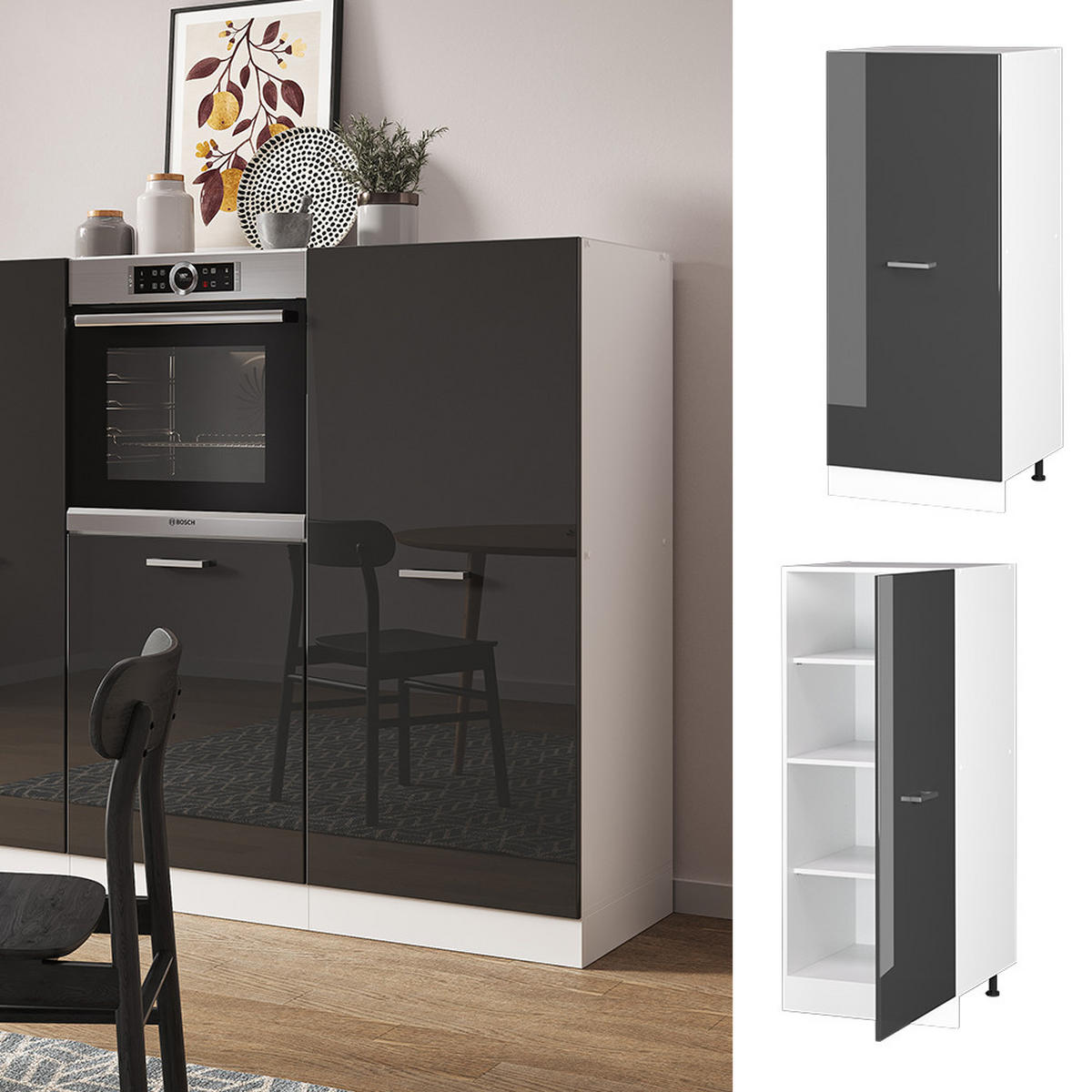 HOCHSCHRANK R-Line Anthrazit Hochglanz 60 cm - Schwarz Hochglanz/Anthrazit, Holzwerkstoff (60/143/57cm) - Vicco