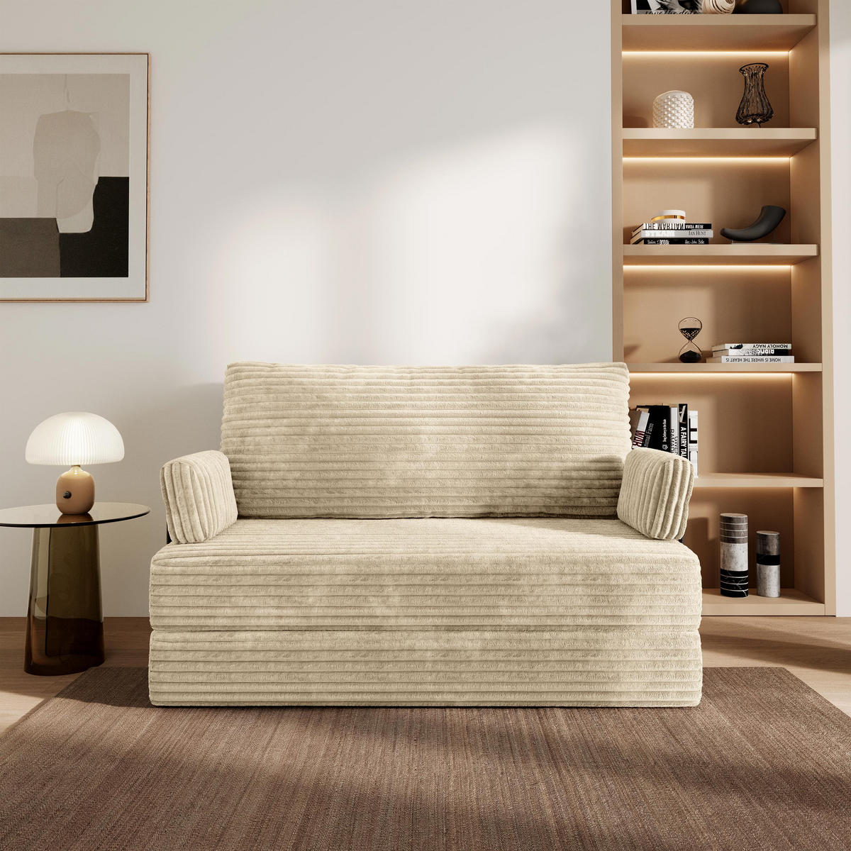 BETTSOFA LADIA aus Schaumstoff Cordstoff Creme Schlaffunktion - Creme, Textil (140/86/60cm) - MASSENO
