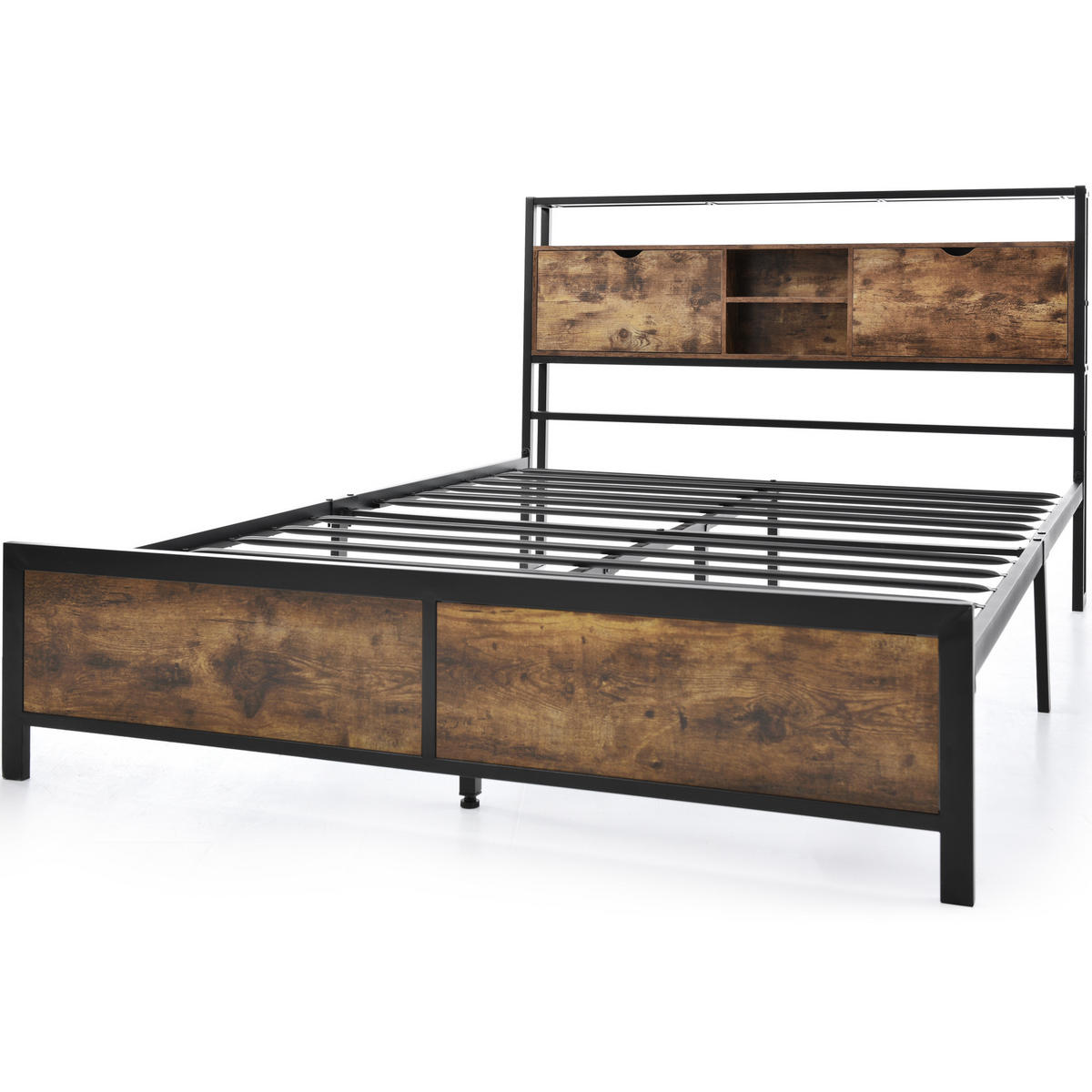 BETT 140/200 cm mit Stauraum und Holzmaserung - Naturfarben, Metall (140/200cm) - OKWISH