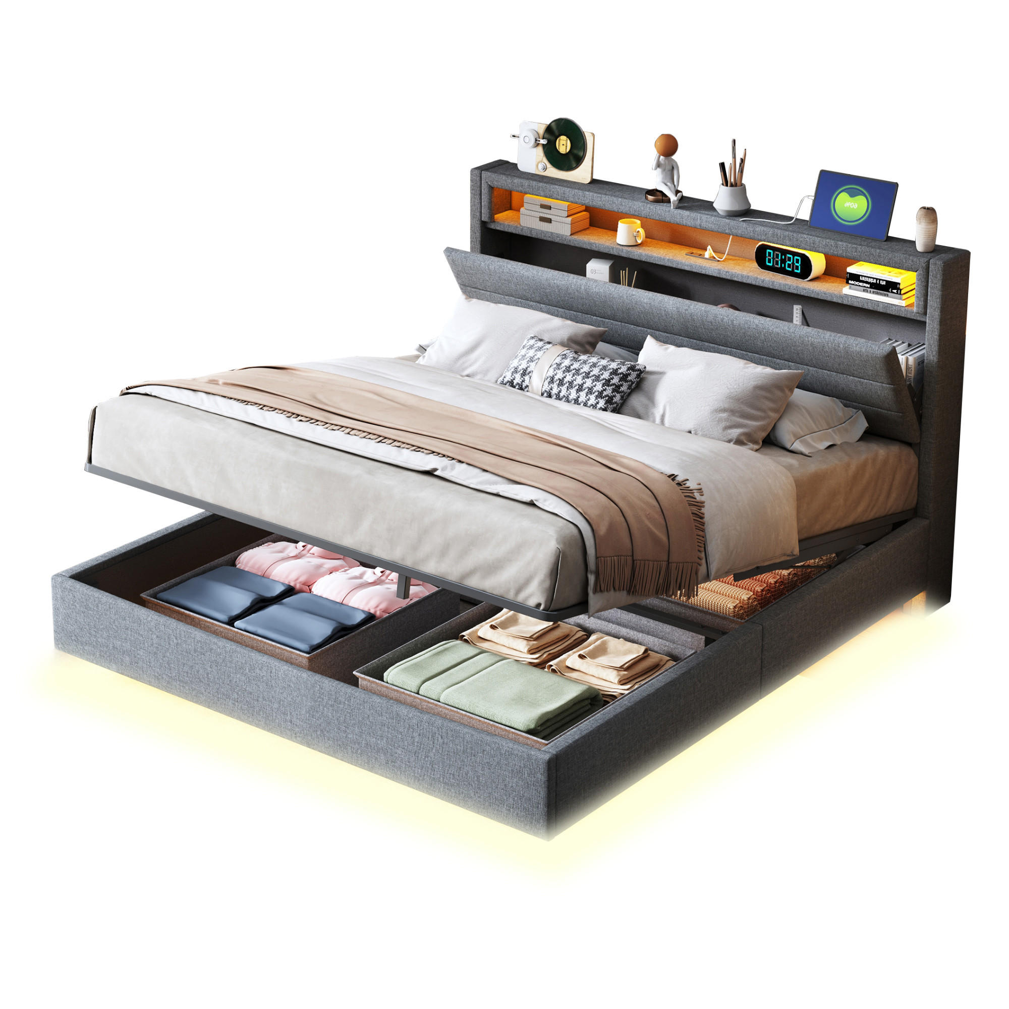 POLSTERBETT 140/200 cm grau mit hydraulischem Stauraum und USB-Steckdose - Grau, Textil (140/200cm) - OKWISH