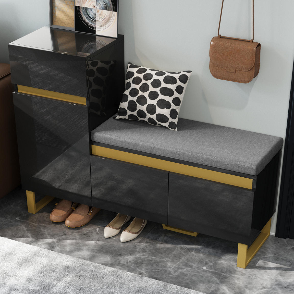 SCHUHSCHRANK 120/35/85 cm in Schwarz mit Sitzkissen, 1 Schublade und 2 Türen - Schwarz, Holzwerkstoff (120/85/35cm) - BEAOK