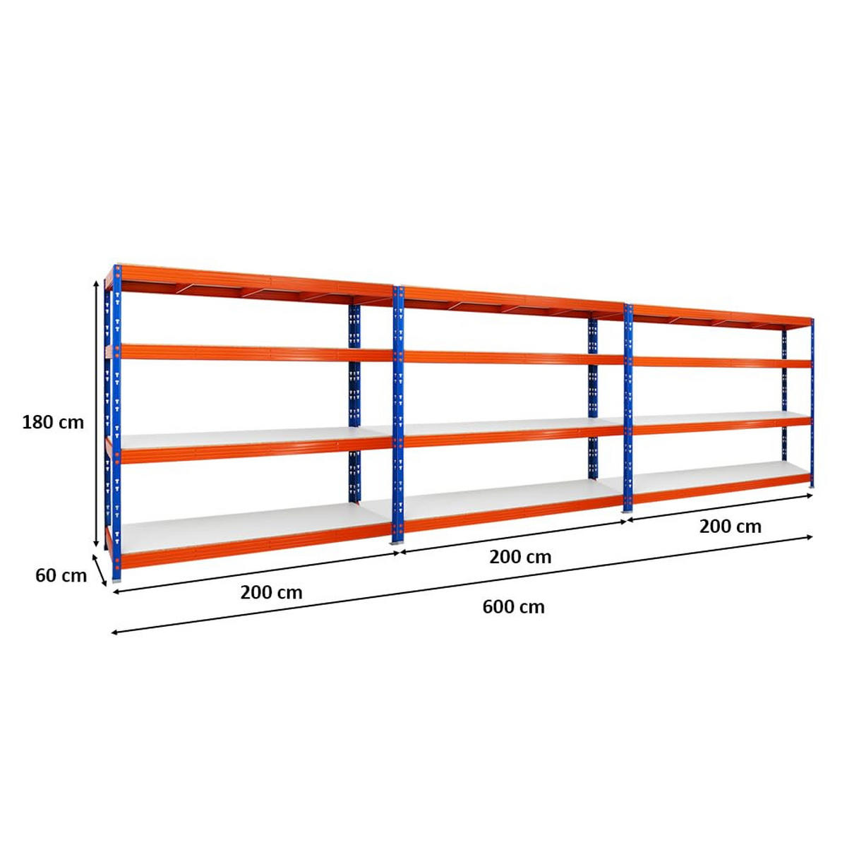 SCHWERLASTREGAL Rhino 3er-Set mit 3x 180x200x60 cm 4 Melamin-Ebenen 16mm Fachlast 500 kg Blau-Orange - Orange, Metall (600/180/60cm) - PROREGAL