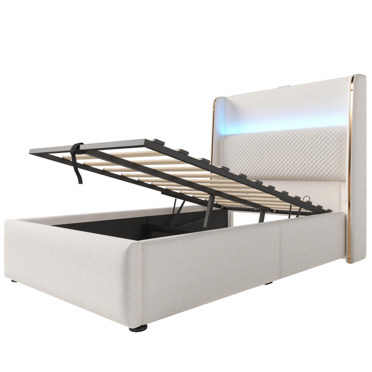 POLSTERBETT 90/200 cm mit hydraulischem Bettkasten, LED-Kopfteil & USB/Type-C, Beige - Beige, Textil (90/200cm) - Redom