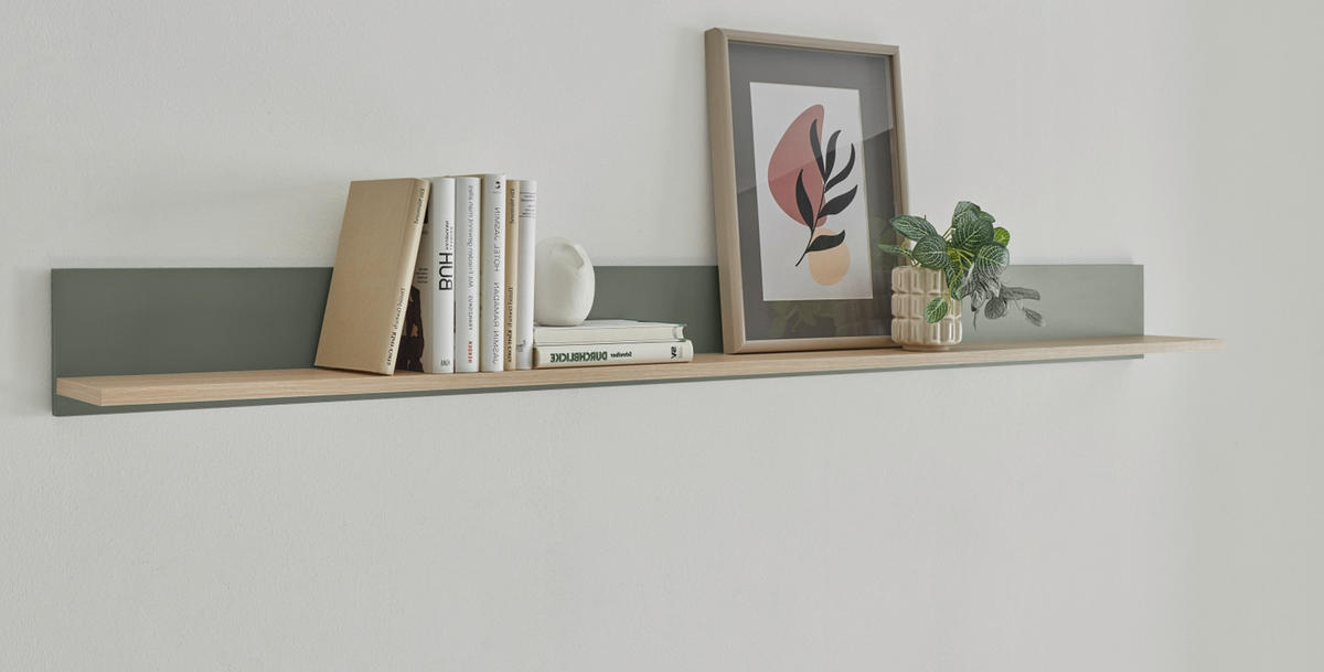 WANDBOARD in Salbei grün, Barista Eiche, Wandregal 170 x 15 cm - Salbeigrün/Eichefarben, Holzwerkstoff/Metall (170/15/17cm) - Furn.Design