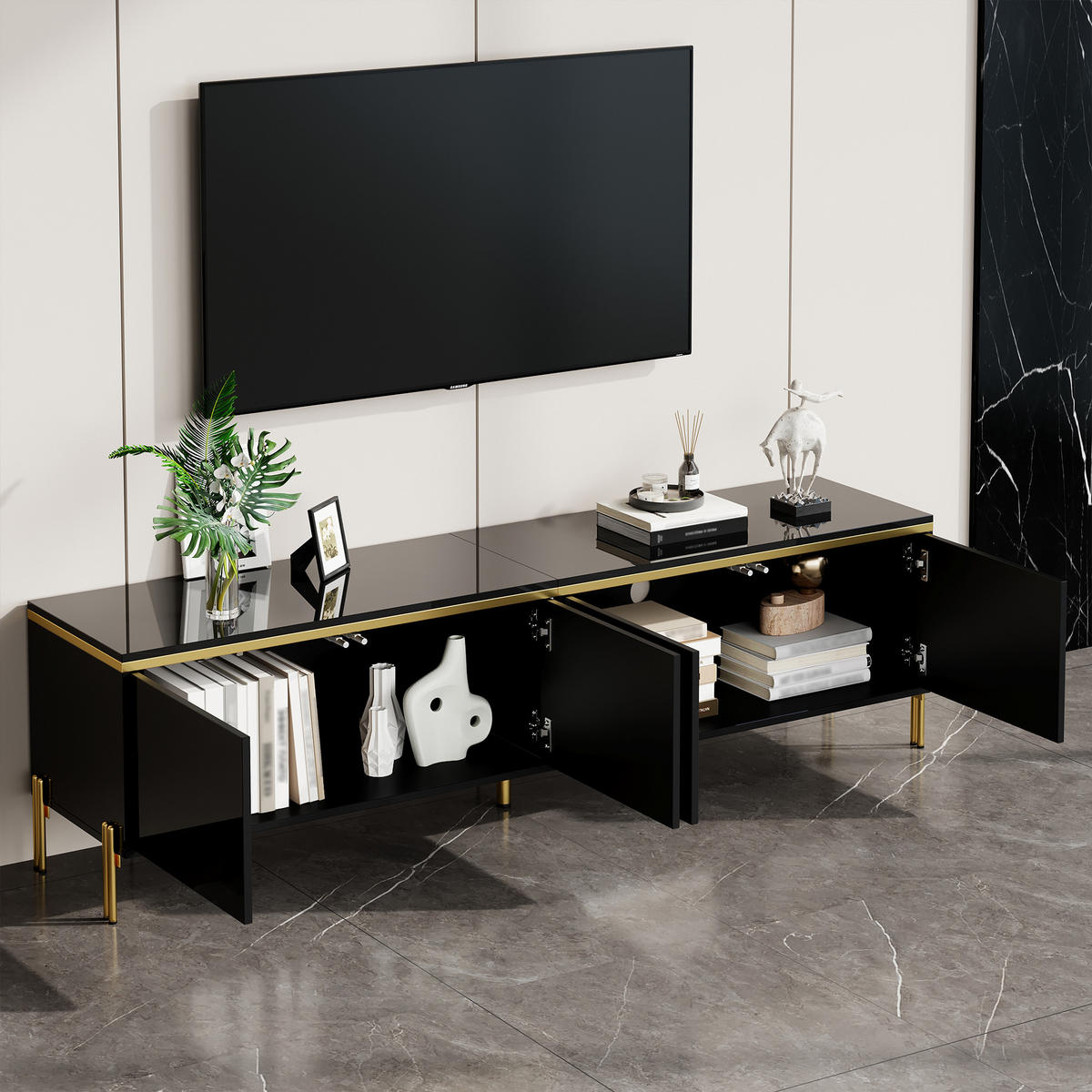 TV-STÄNDER Hochglanz 4 Türen Stauraum Kabelschnittstelle Goldkante - Schwarz, Holzwerkstoff (38/50/170cm) - FLIEKS