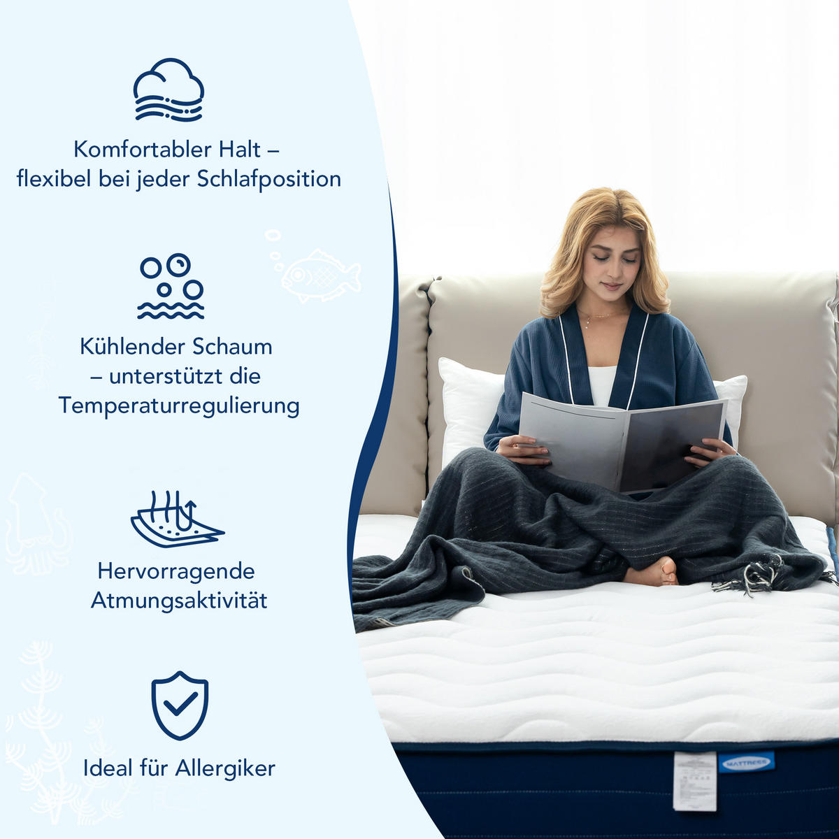 MATRATZE mit Taschenfederkern, 160x200 cm, 22 cm, 7 Zonen, mittlere Härte H3 - Weiß, Textil - HOMAVO