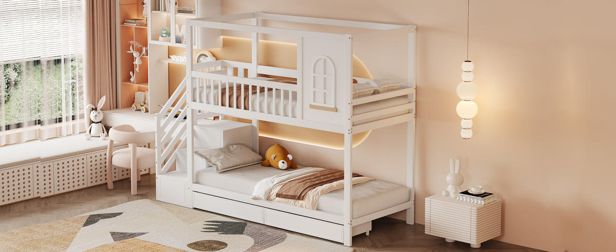 ETAGENBETT 90x200 cm Haus Schubladen weiß - Weiß, Holz (90/200cm) - LEBENLANG