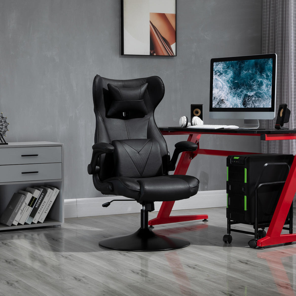 GAMING Stuhl, Drehstuhl, Schwarz - Schwarz, Leder (71/112/67cm) - Vinsetto