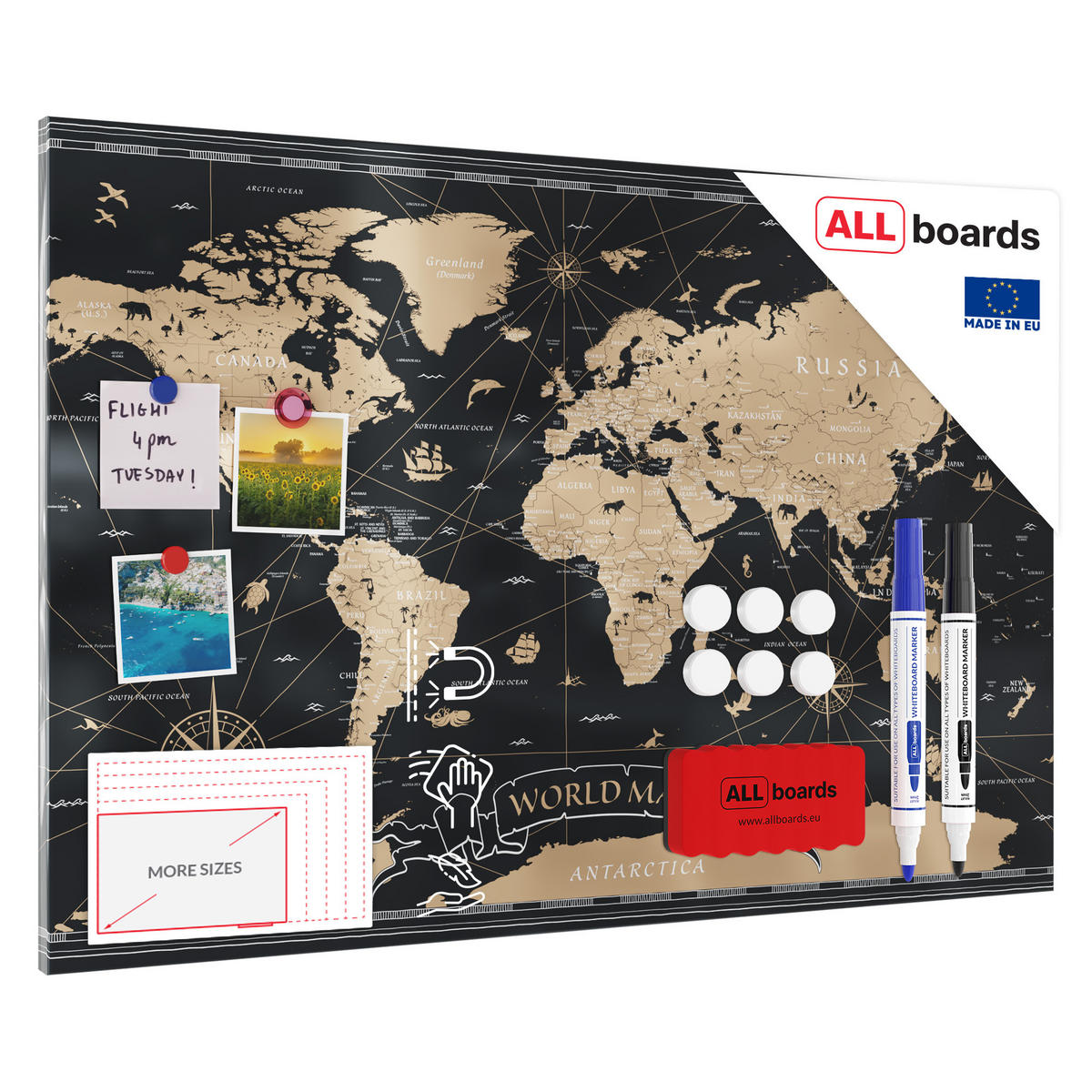 METALBOARD WELTKARTE VINTAGE 90x60cm + Zubehör-Set - Schwarz, Metall (90/60/1.8cm) - ALLboards