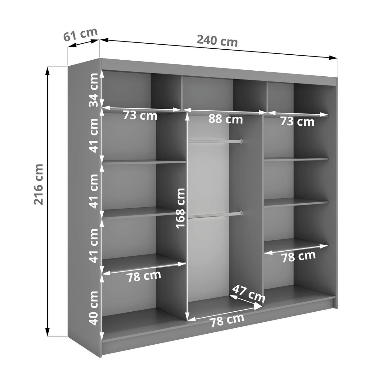 SCHWEBETÜRENSCHRANK mit Spiegel - WALENCJA - 240 - Grau lacobel - Alufarben/Grau, Holzwerkstoff/Metall (240/216/61cm) - MKS