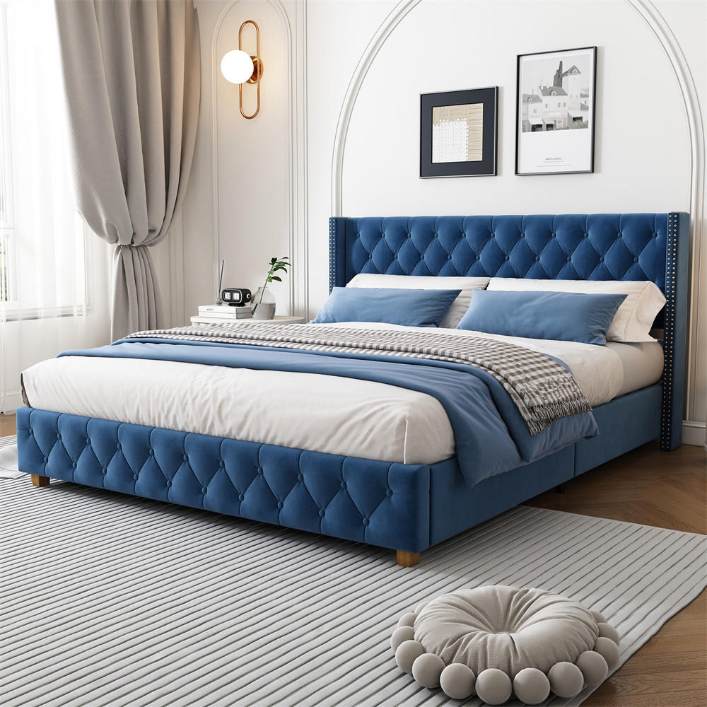 POLSTERBETT 160/200 cm in Blau Samt - Blau, Holz/Textil (160/200cm) - KOMHTOM