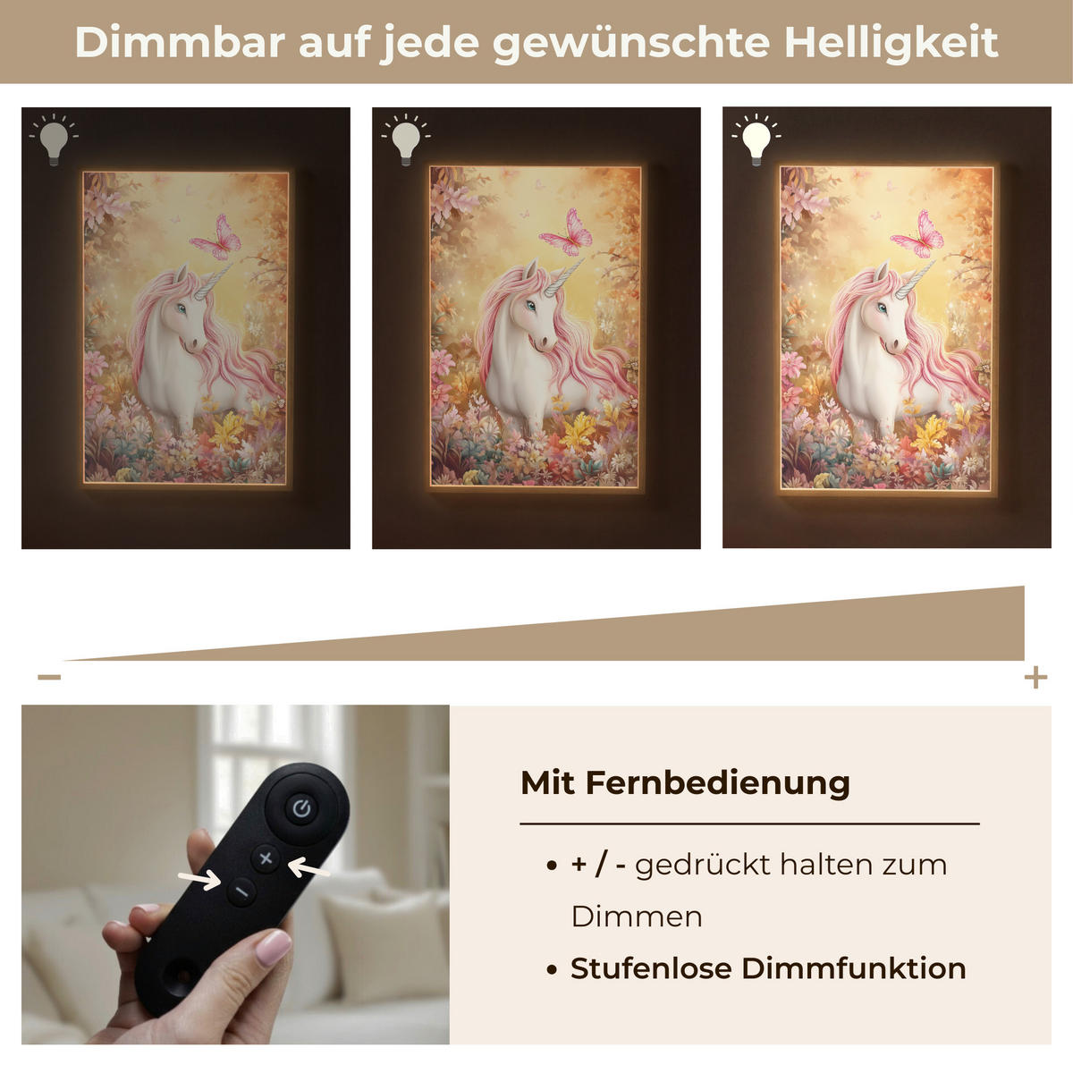 DOBÍJECÍ NOČNÍ LAMPIČKA Jednorožec - Květiny - Motýl - Růžová 60x90 cm - béžová, kompozitní dřevo (8/60/90cm) - OnlyWow
